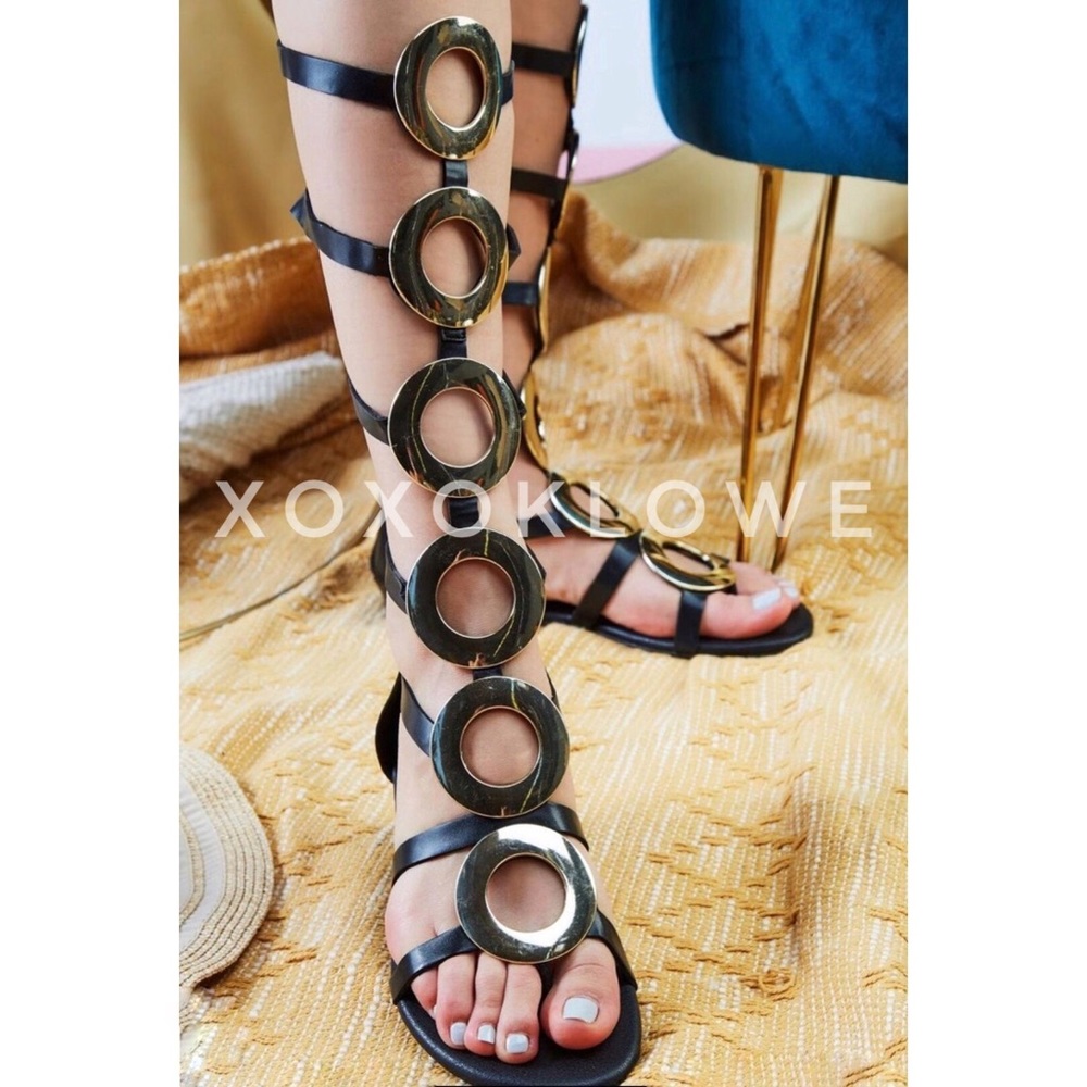 Black Gladiator Sandals Tall Gold Hardware - Picture 4 of 14